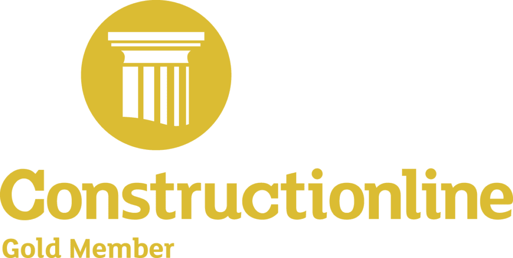 Constructionline Gold Member logo featuring a gold column inside a circle above the words "Constructionline Gold Member" in gold text on a transparent background.